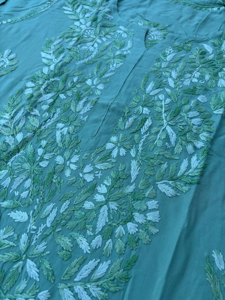 Roohi Rayon Tone To Tone Lucknowi Handwork Chikankari Kurti - Pista Color