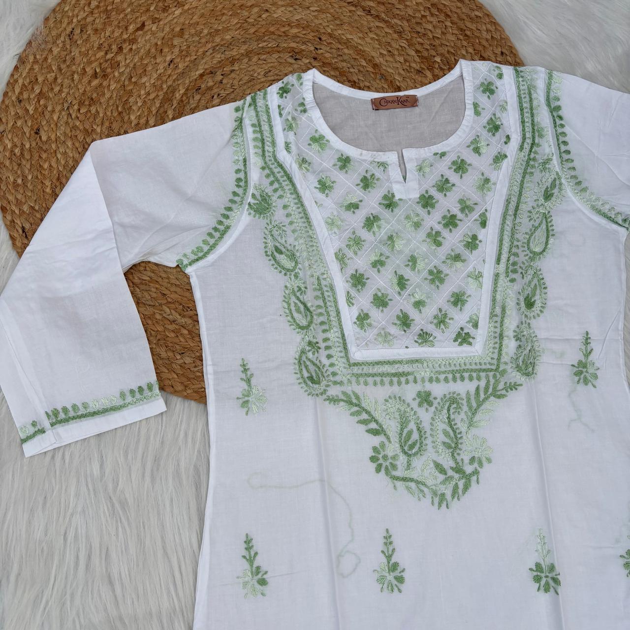 Zoya Cotton Lucknowi Chikankari Kurti - Parrot Green Color