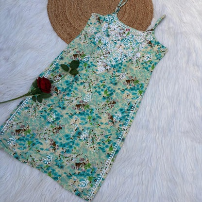 Hana Mulmul Chikankari Noodle Strap Short Kurti -Sea green colour (Length - 38")