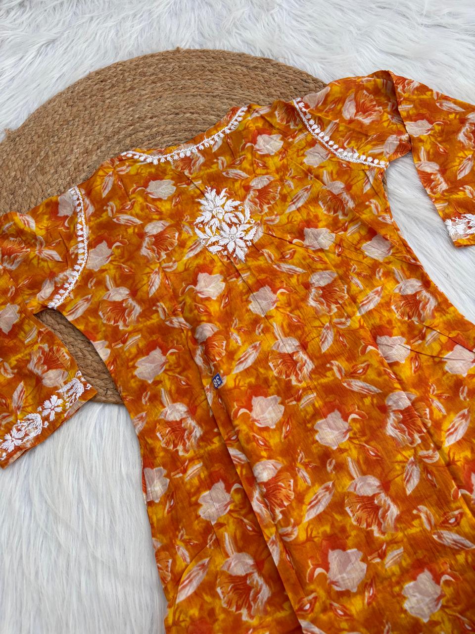 Elena Mulmul Cotton Handwork Chikankari Kurti Set - Warm Rust Colour