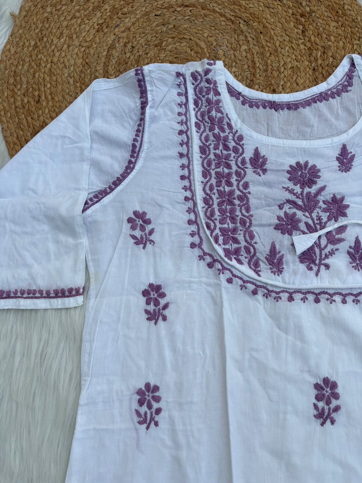 Heer Plus Size Cotton Handwork Chikankari Kurti Set - White Purple