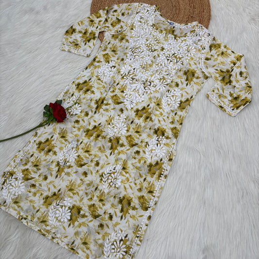 Amara Pure Mulmul Chikankari  Handwork Kurti -Green Colour