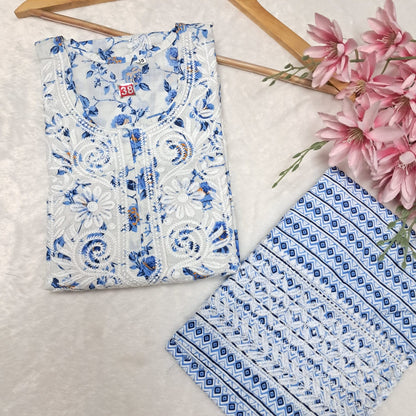 Printed Cotton Chikankari Machine Work Kurti Plazo Set -Blue Colour (Free Earrings!)