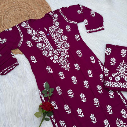 Maya Rayon Chikankari Kurti Plazo Set - Wine Colour