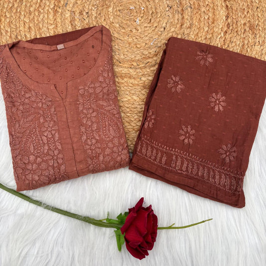 Nuha Dobby cotton Ombre shaded Lucknowi Chikankari Kurti Plazo Set - Brown Colour
