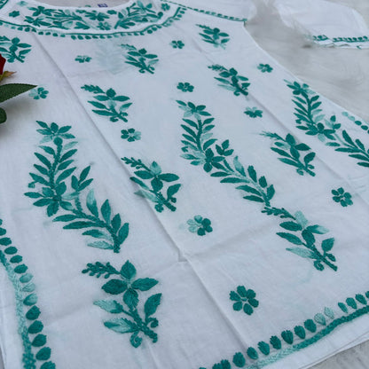 Alia Soft Rayon Chikankari Short Kurti - White Sea Green Color - Chikankaar