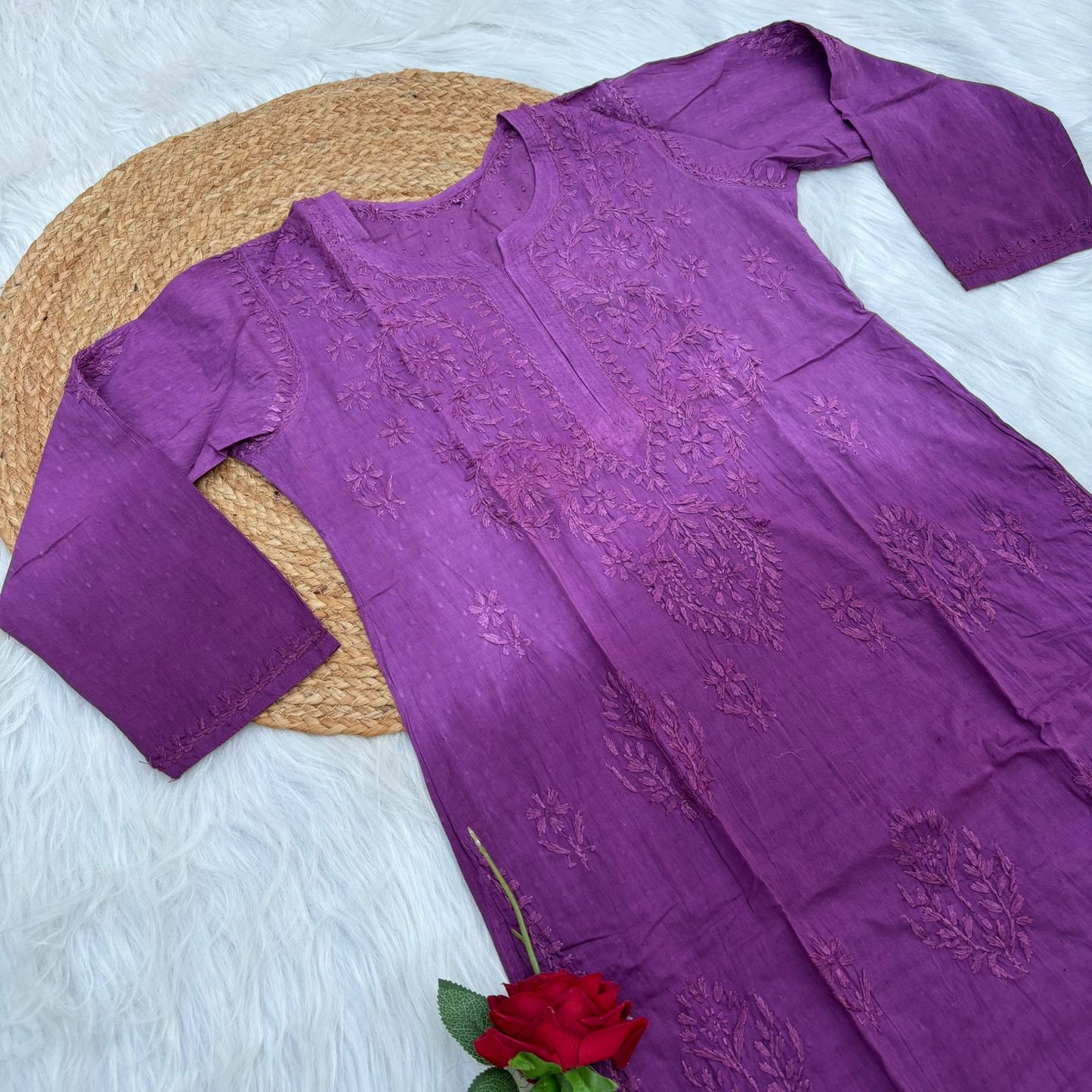 Tuba Ombre Shaded Dobby Cotton Chikankari Kurti - Wine Colour