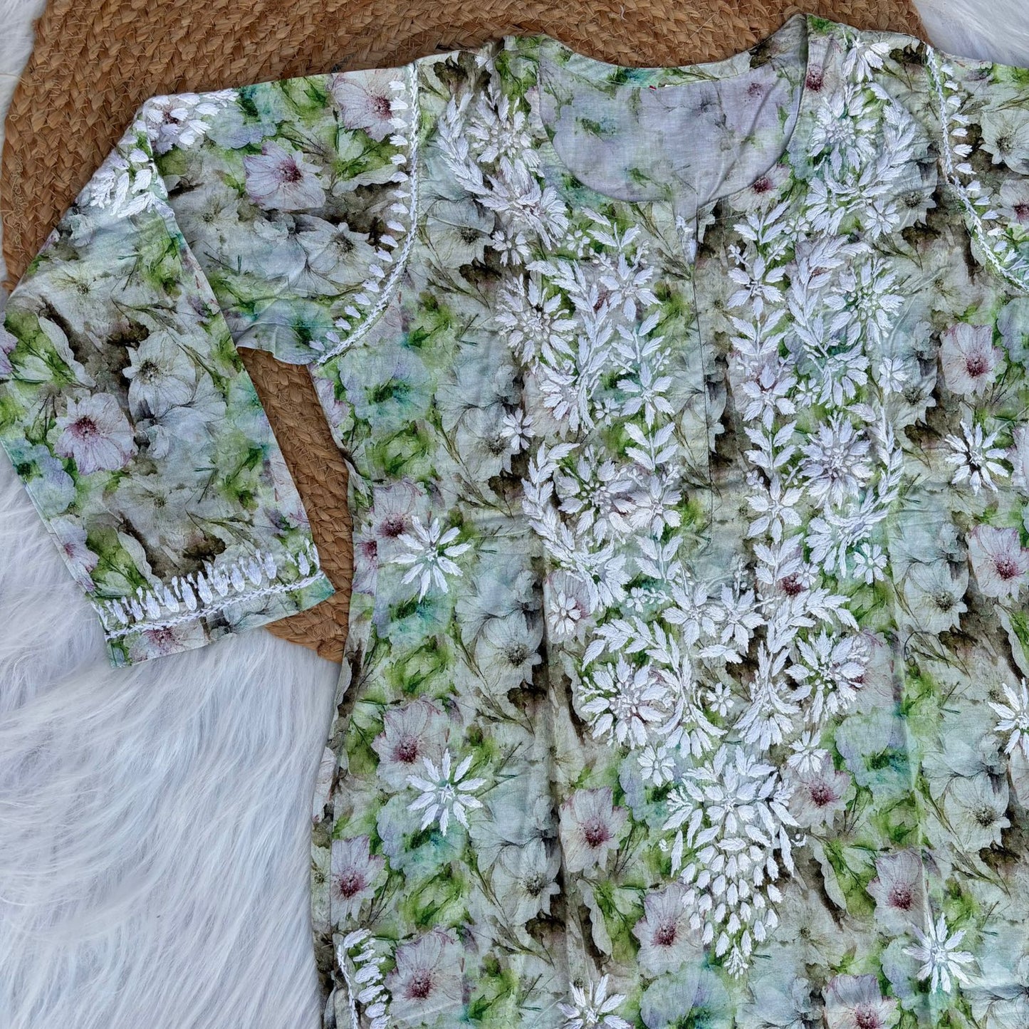 Fiza Pure Cotton Floral Lucknowi Chikankari Kurti - Green Colour