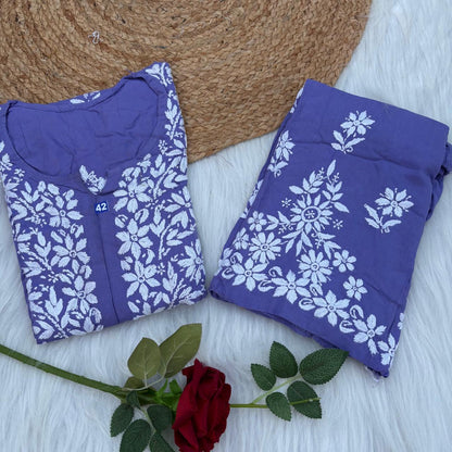 Maya Rayon Chikankari Kurti Plazo Set - Purple Colour