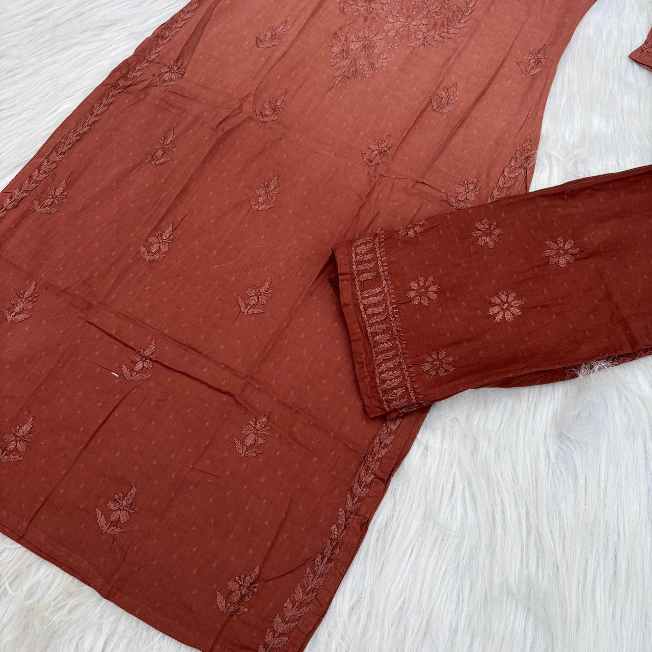 Nuha Dobby cotton Ombre shaded Lucknowi Chikankari Kurti Plazo Set - Brown Colour