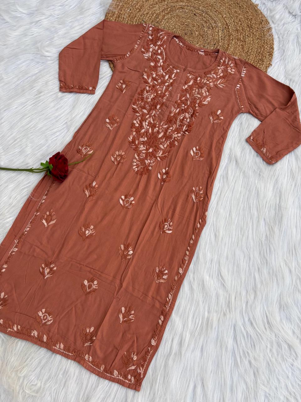 Roohi Rayon Tone To Tone Lucknowi Handwork Chikankari Kurti - Brown Color