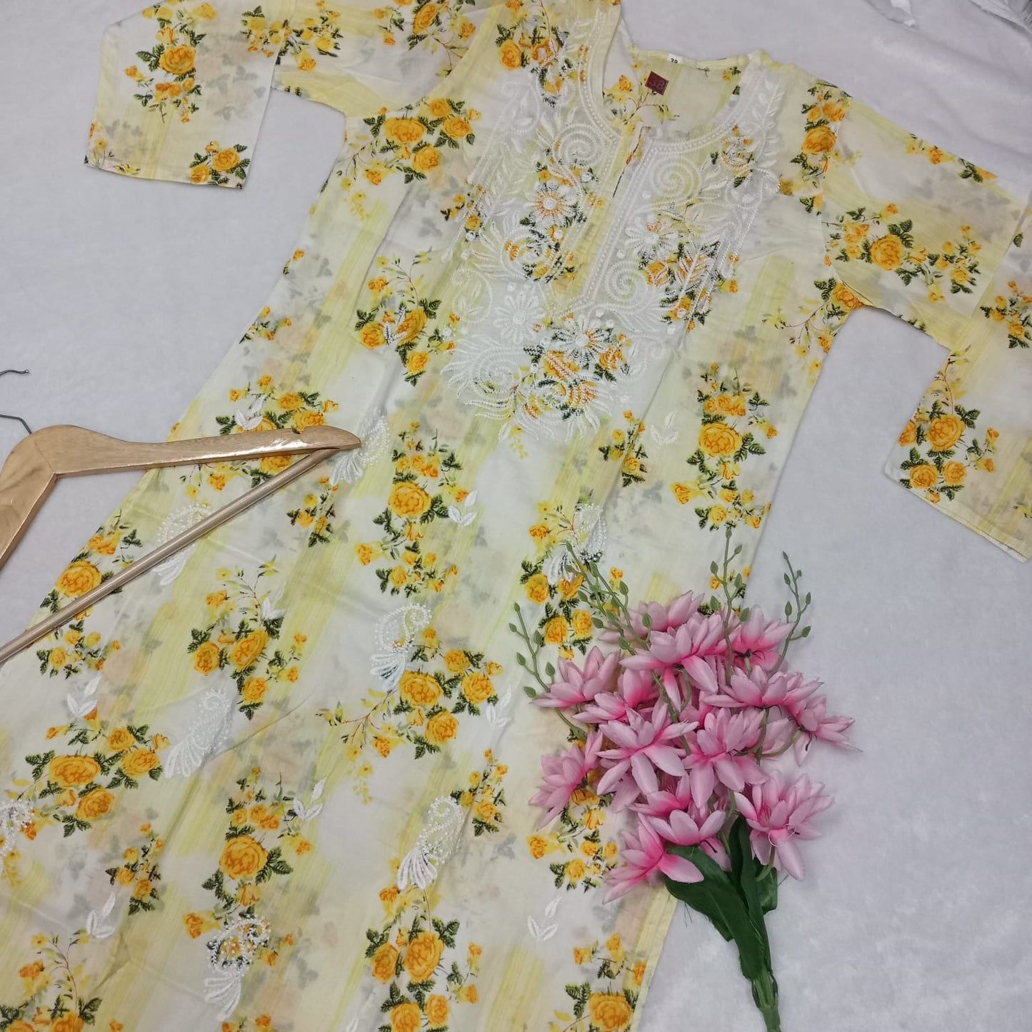 Mulmul Cotton Chikankari Machine Work Kurti -Yellow Colour