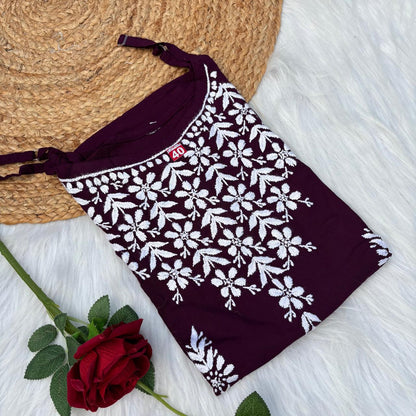 Safa Rayon Chikankari Noodle Strap Short Kurti -  Wine colour (Length - 38")