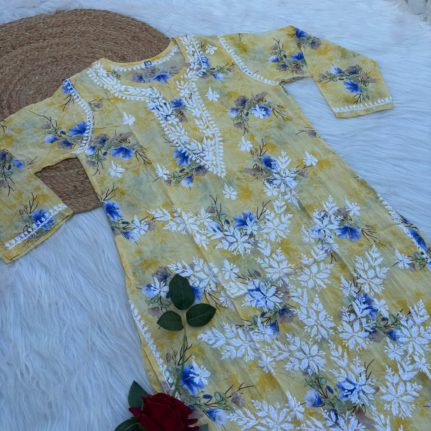 Rasha Pure Mulmul Chikankari Kurti - Yellow Colour