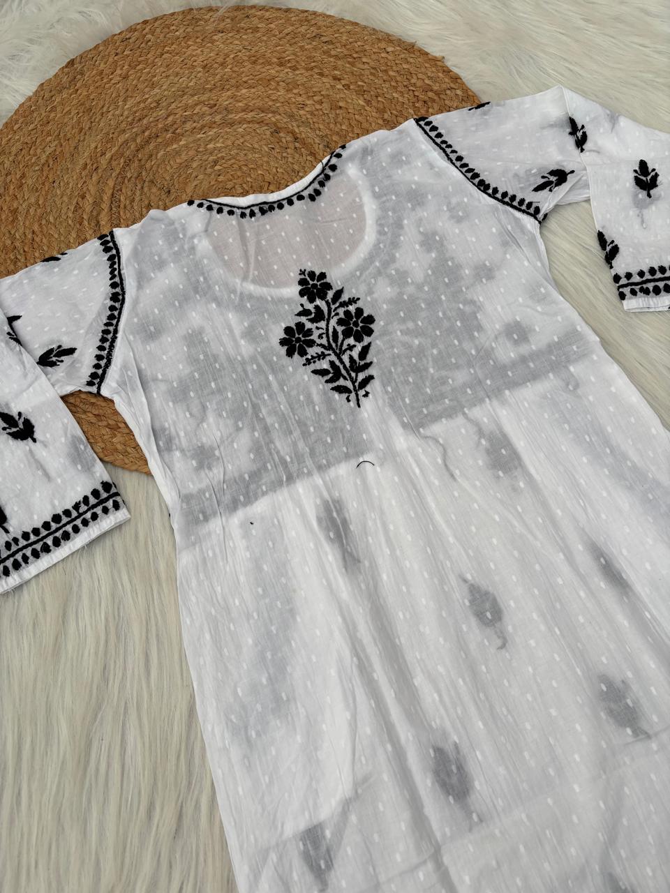Sonakshi Soft Cotton Lucknowi Chikankari Handwork Kurti (With Pockets) - White Black Color