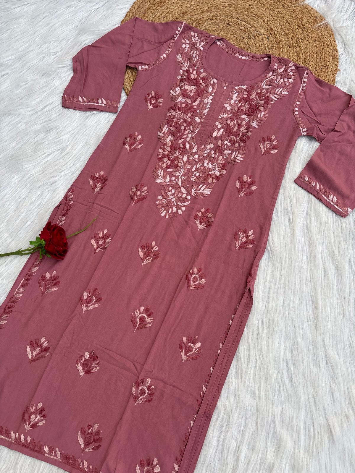 Roohi Rayon Tone To Tone Lucknowi Handwork Chikankari Kurti - Mauve Pink Color
