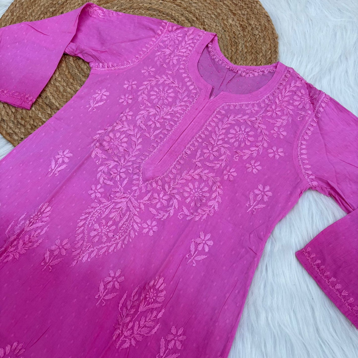 Tuba Ombre Shaded Dobby Cotton Chikankari Kurti - Pink Colour