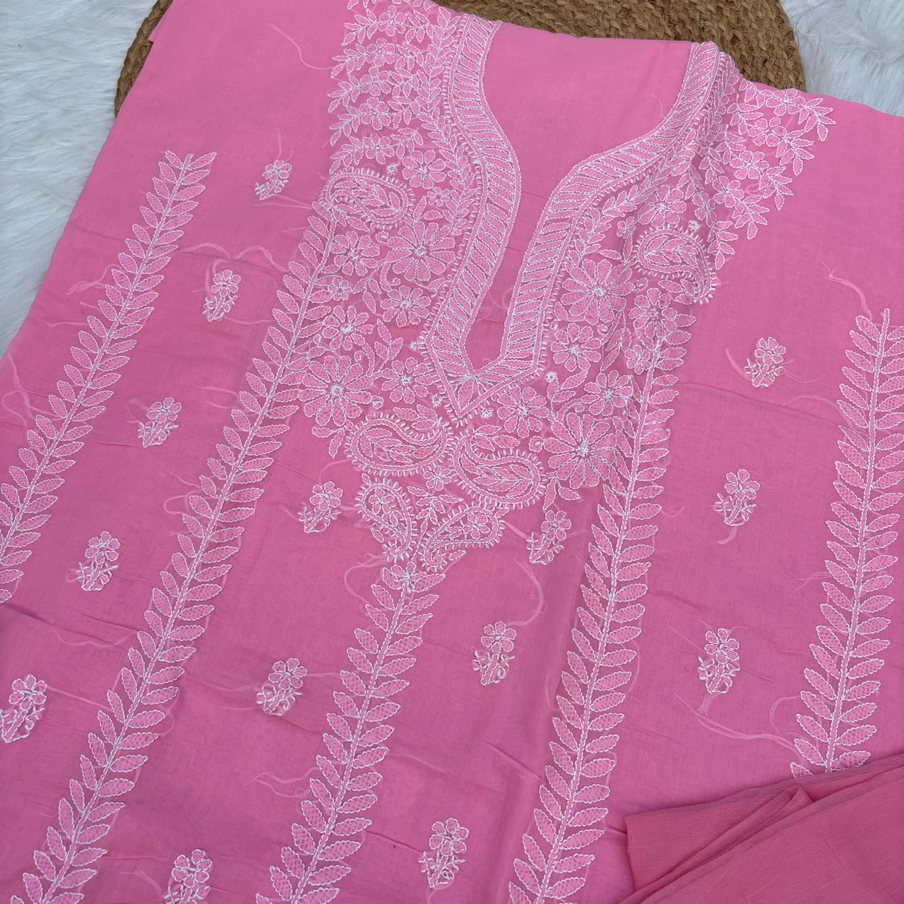 Madhuri Voile Cotton Chikankari Unstitched 3 pc set - Pink Colour