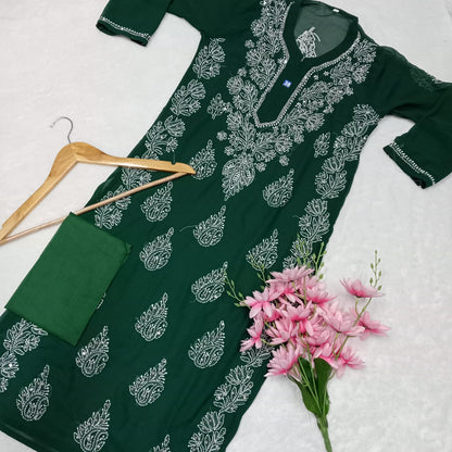 Stone Work Georgette Chikankari Kurti -Dark Green Colour