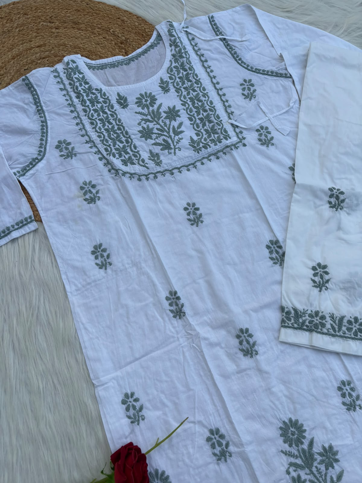 Heer Plus Size Cotton Handwork Chikankari Kurti Set - White Grey
