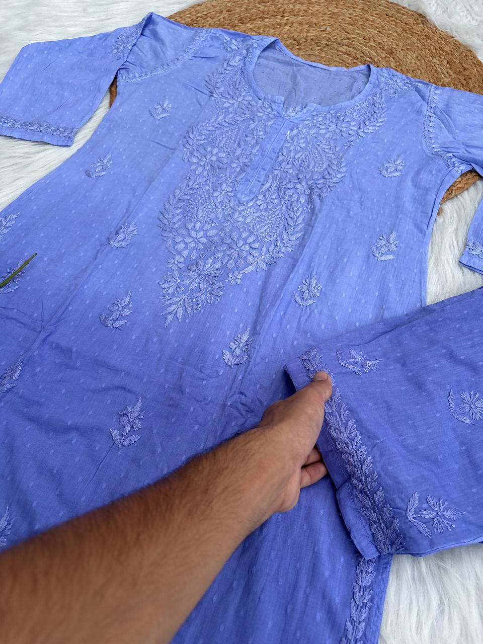 Nuha Dobby cotton Ombre shaded Lucknowi Chikankari Kurti Plazo Set - Lavender Colour