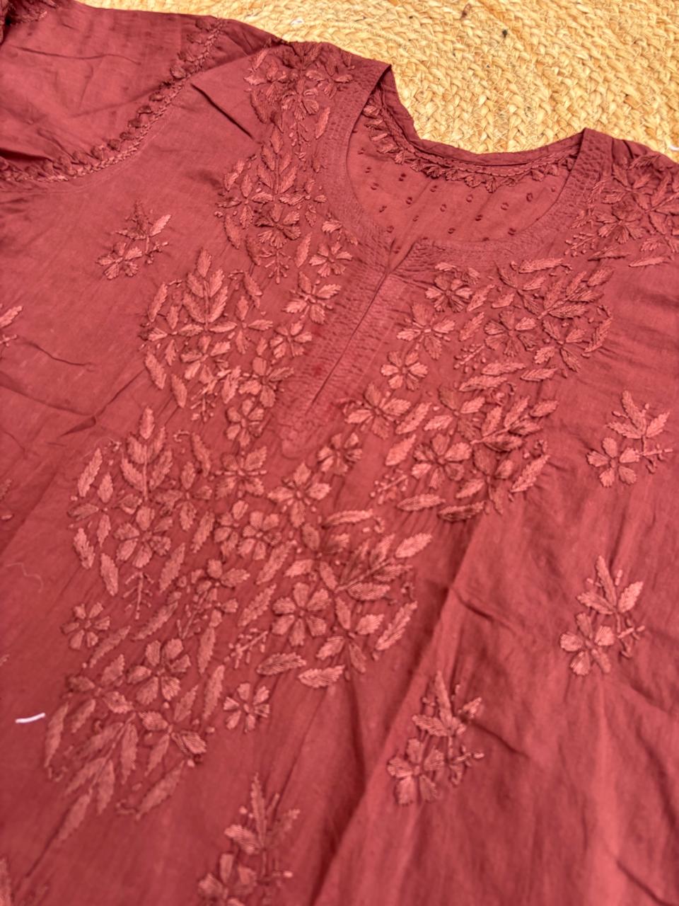 Ziva Soft Dobby Cotton Lucknowi Handwork Chikankari Short Kurti - Brown Colour