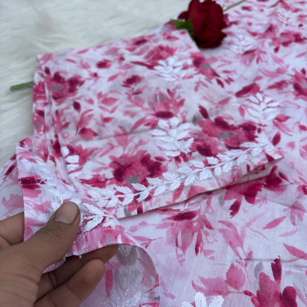 Aaliyah Mulmul Cotton Chikankari Kurti Set - Pink Colour