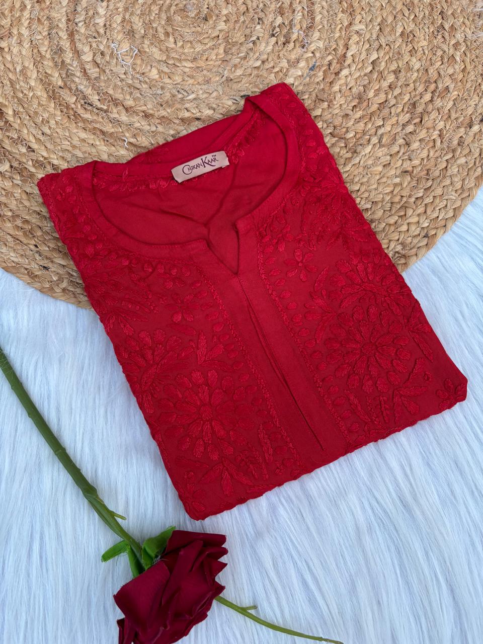 Rabab Dyeable Soft Rayon Handwork Chikankari Kurti -Red Colour