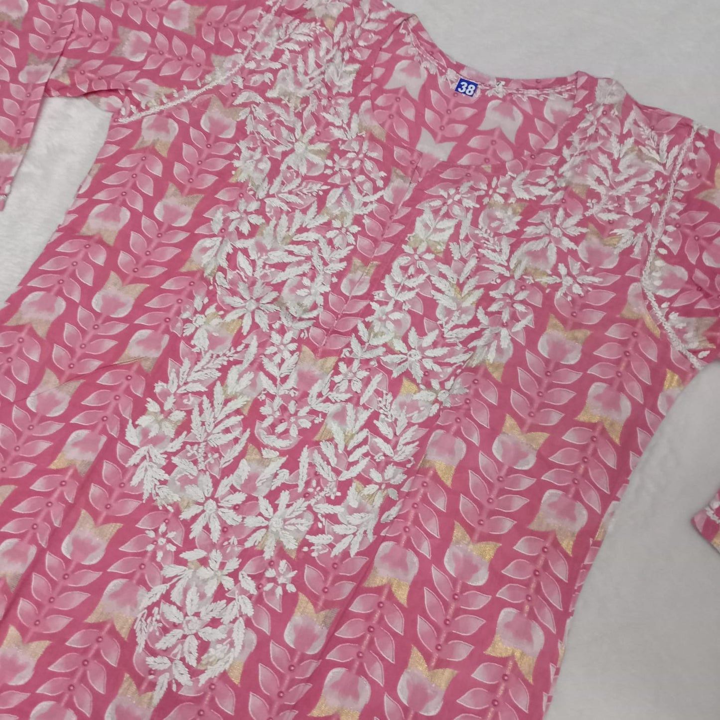 Pure Mulmul Chikankari  Handwork Kurti - Pink Colour