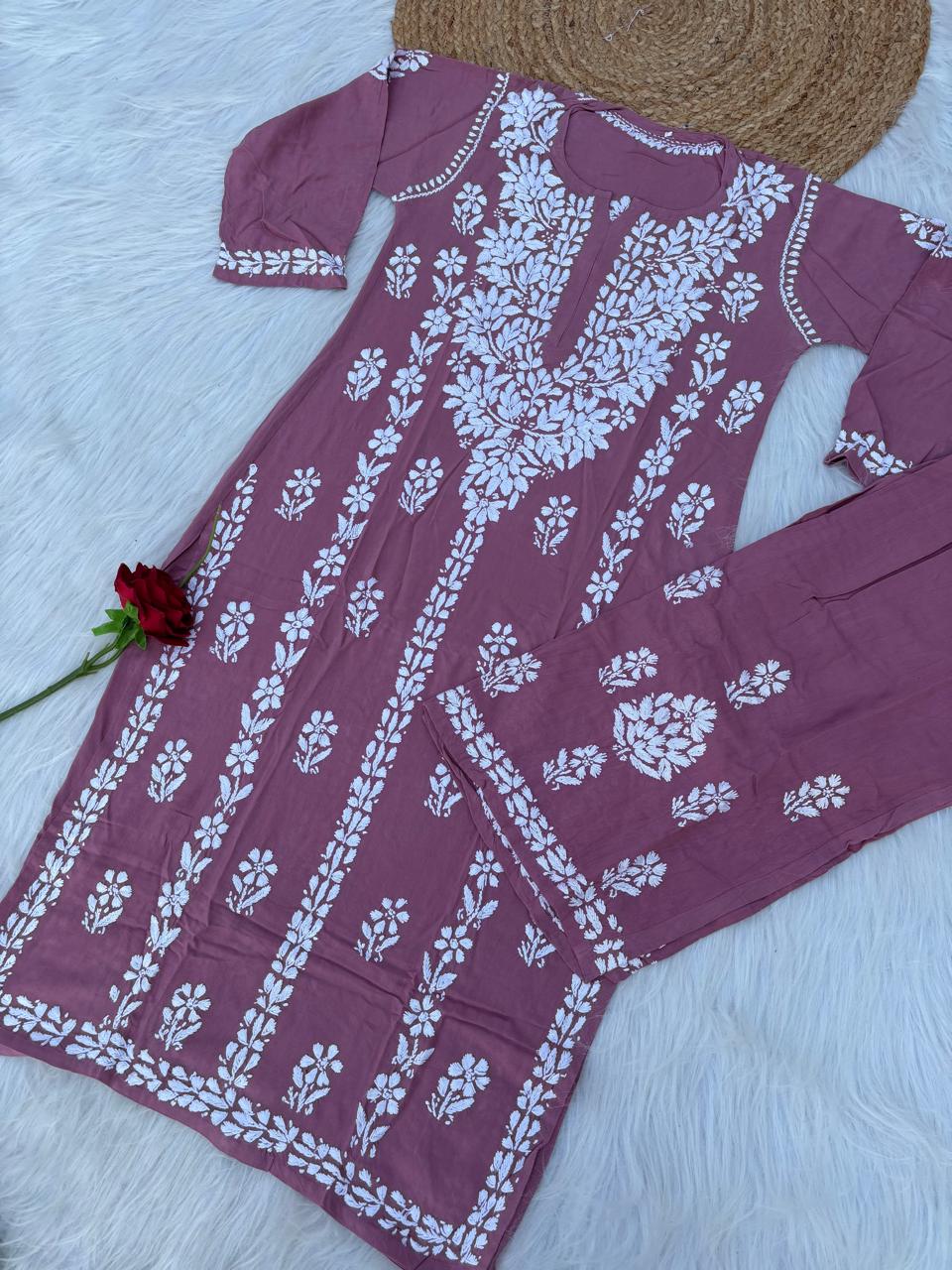 Samara Rayon Handwork Chikankari Kurti Plazo Set - Blush Colour