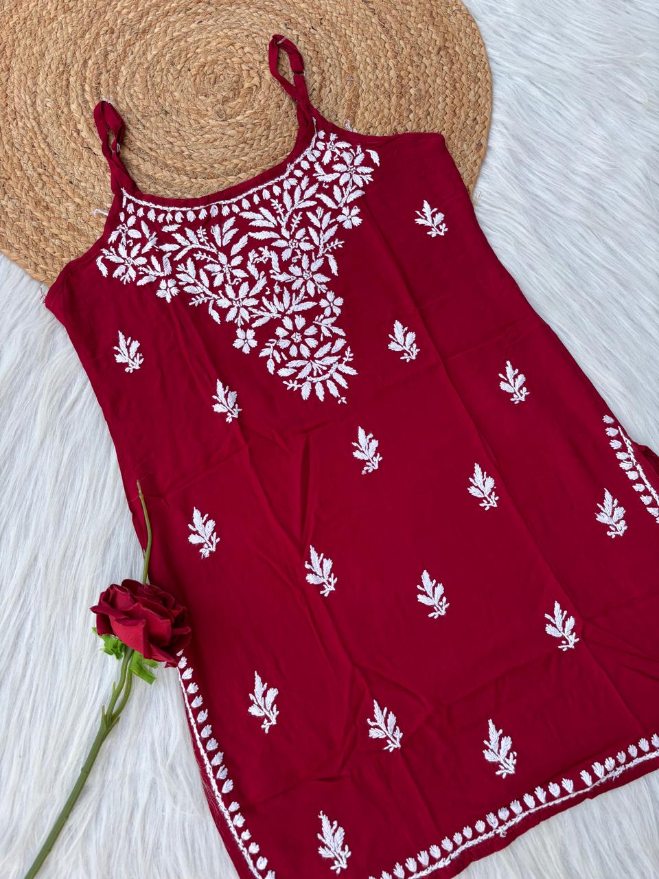 Ayla Rayon Handwork Chikankari Noodle Strap Short Kurti - Maroon Colour