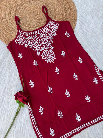 Ayla Rayon Handwork Chikankari Noodle Strap Short Kurti - Maroon Colour