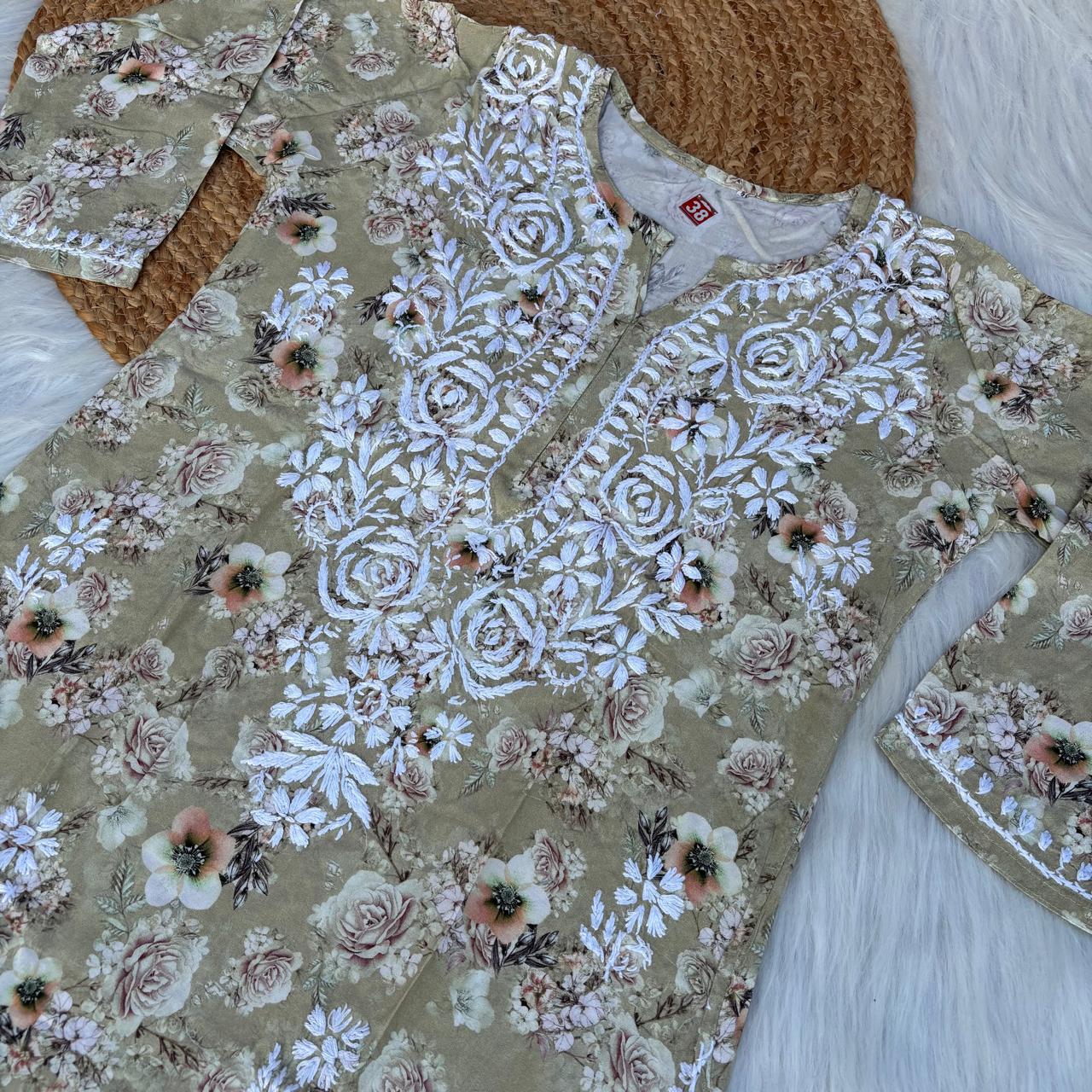 Hina Rayon Rose work Lucknowi Chikankari kurti - Pista Colour