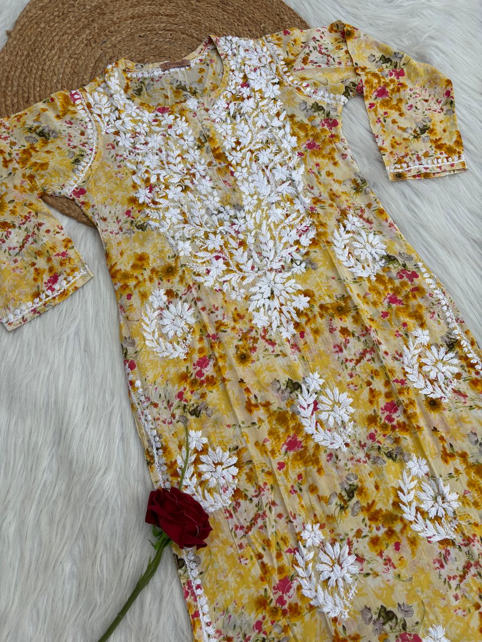 Fatima Pure Mulmul Chikankari  Handwork Kurti - Yellow Colour