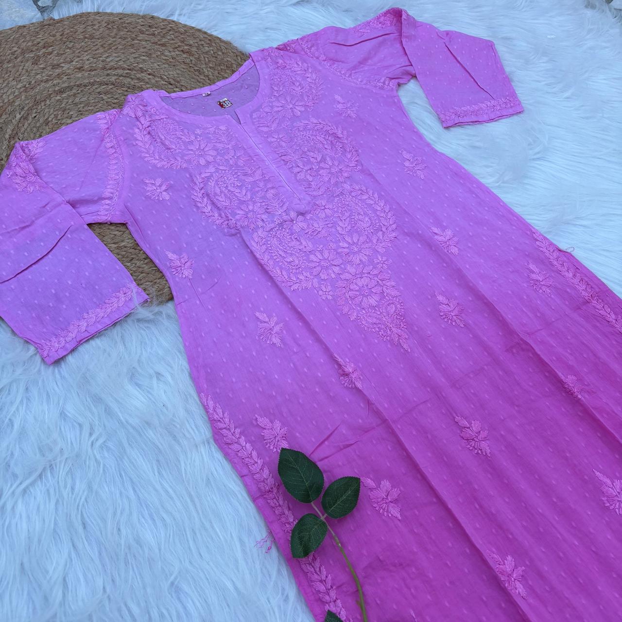 Tamanna Ombre Shaded Dobby Cotton Chikankari Kurti - Pink Colour