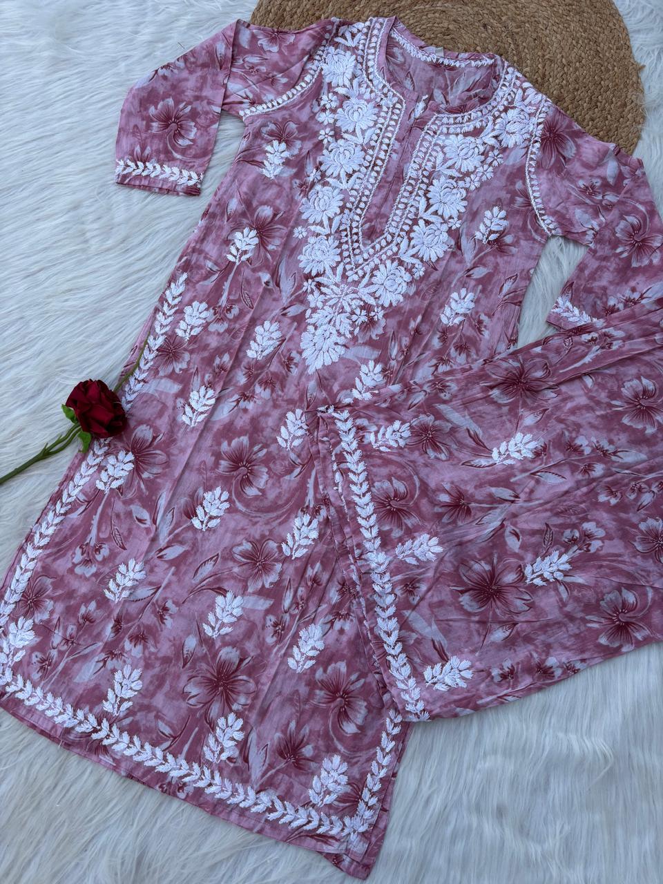 Shazia Mulmul Cotton Chikankari Kurti Set - Pink Colour
