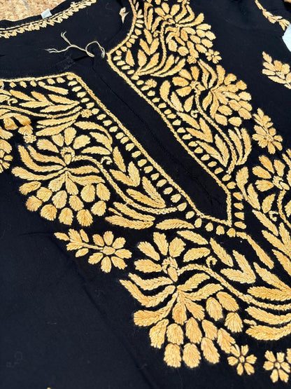 Shifa Soft Rayon Lucknowi Chikankari Kurti - Black Yellow Color