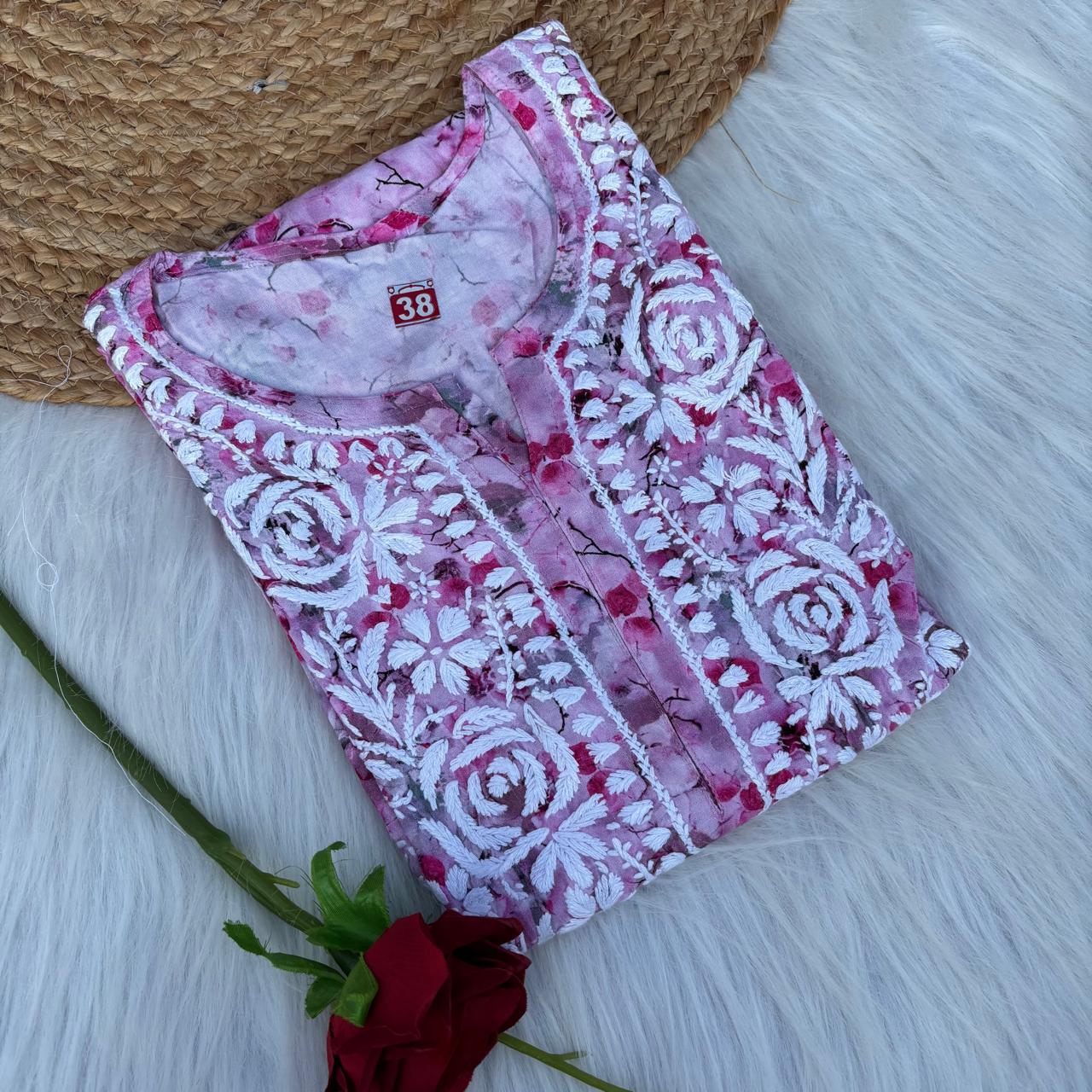 Hina Rayon Rose work Lucknowi Chikankari kurti -Pink Colour