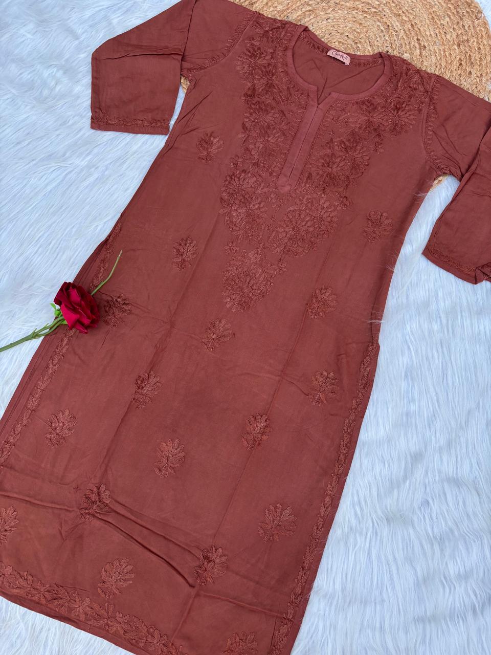 Rabab Dyeable Soft Rayon Handwork Chikankari Kurti - Brown Colour