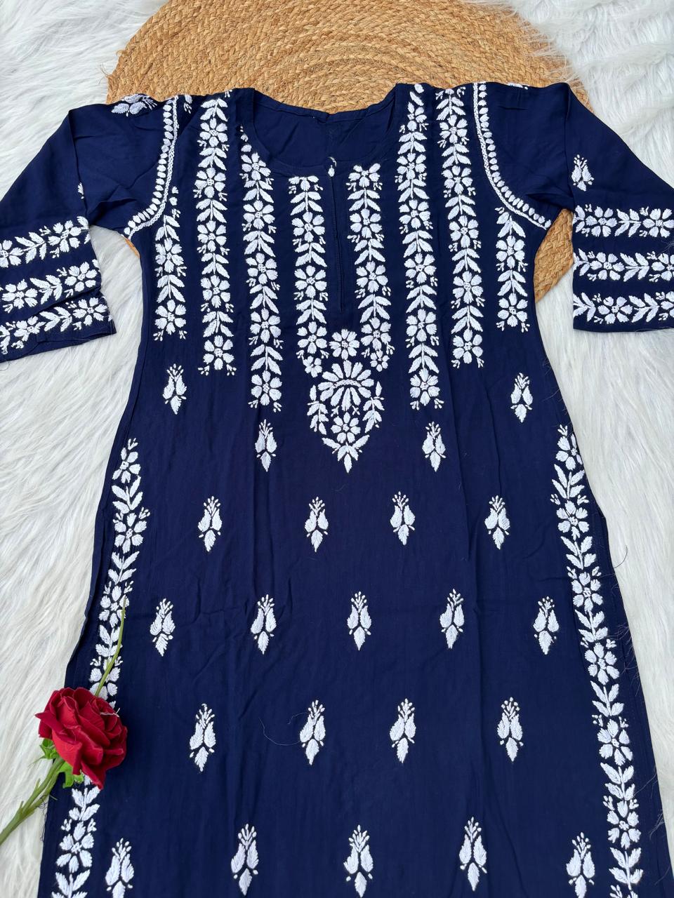 Zoobia Soft Rayon Handwork Chikankari Kurti - Blue Colour