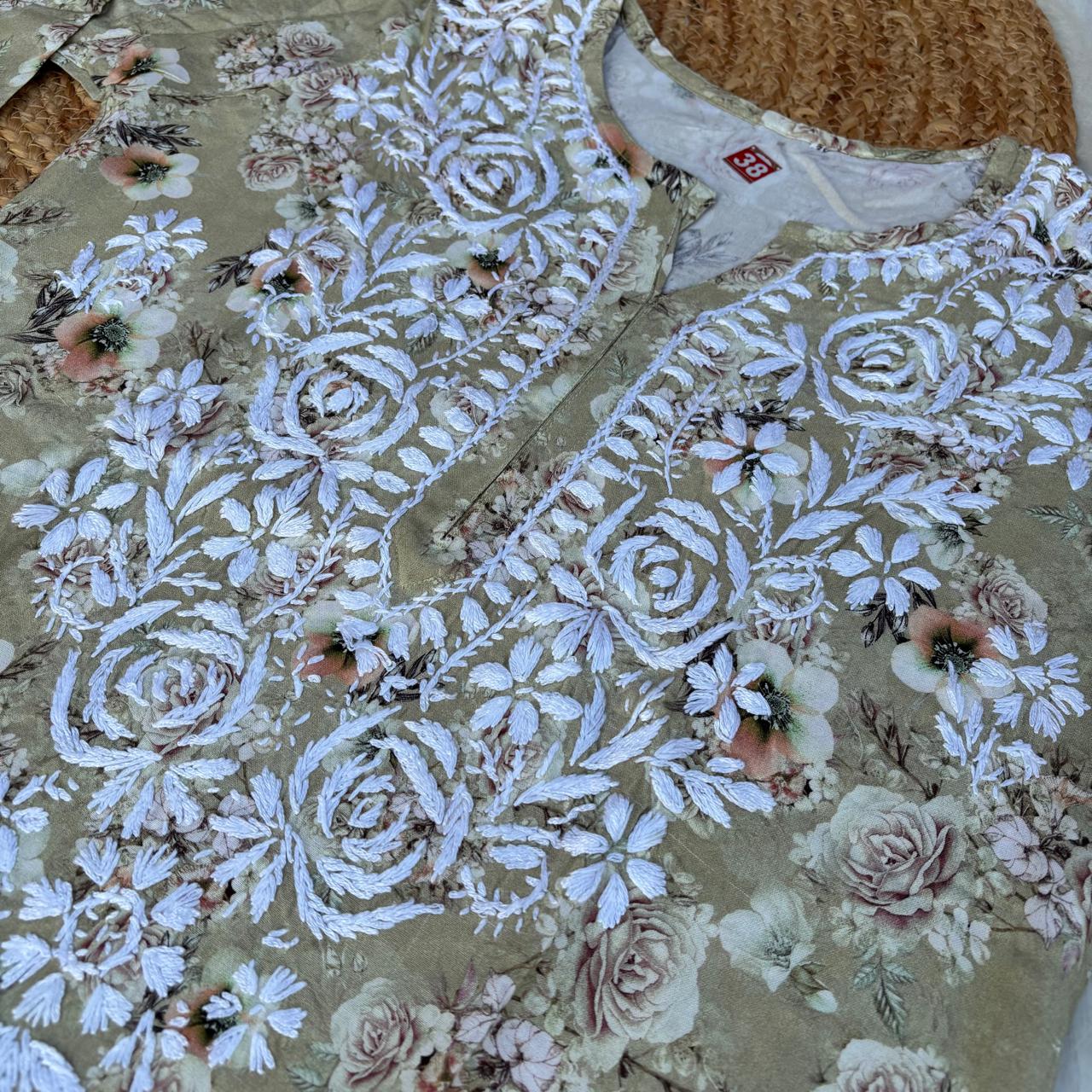 Hina Rayon Rose work Lucknowi Chikankari kurti - Pista Colour