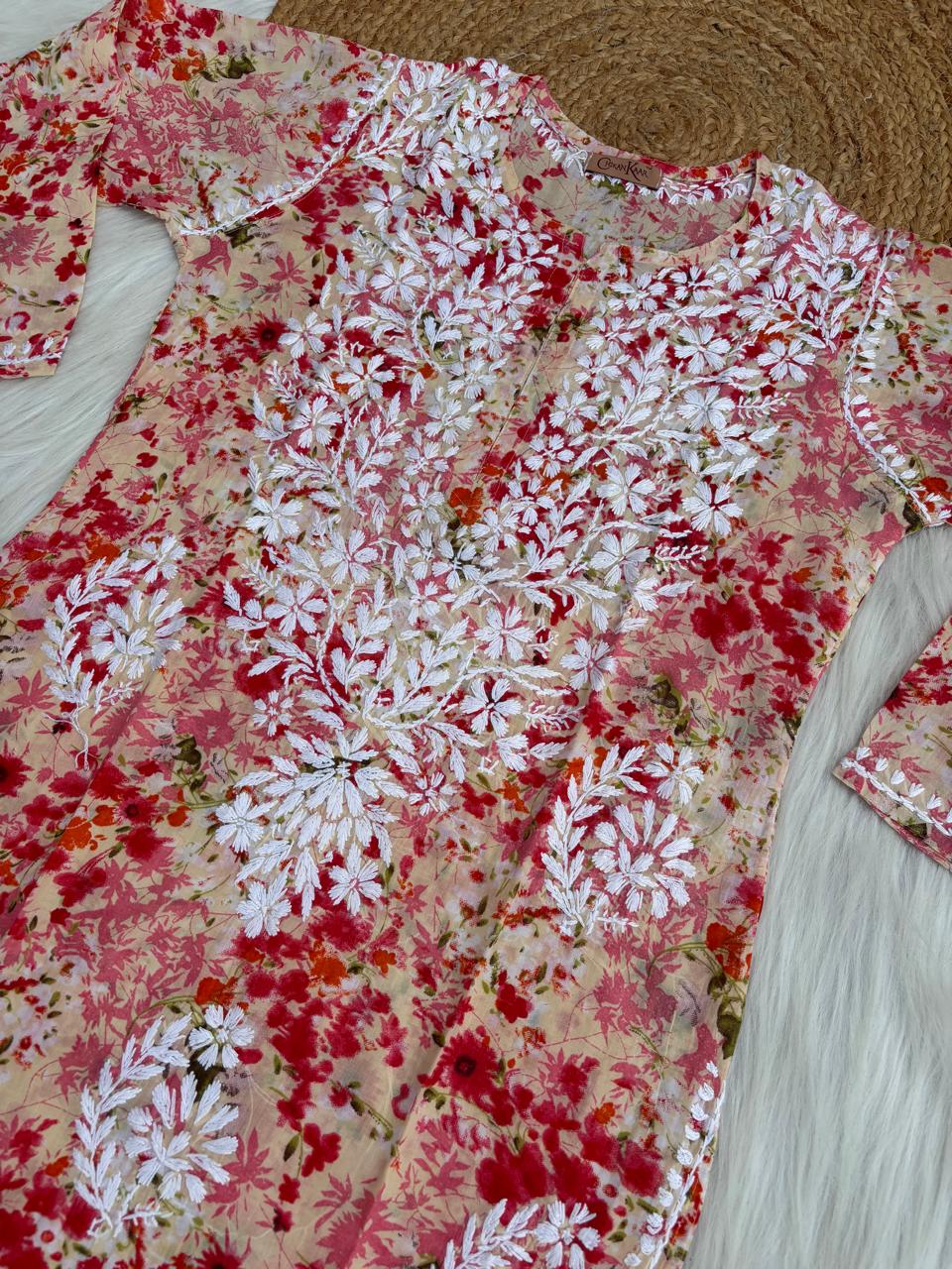 Fatima Pure Mulmul Chikankari  Handwork Kurti - Red Colour