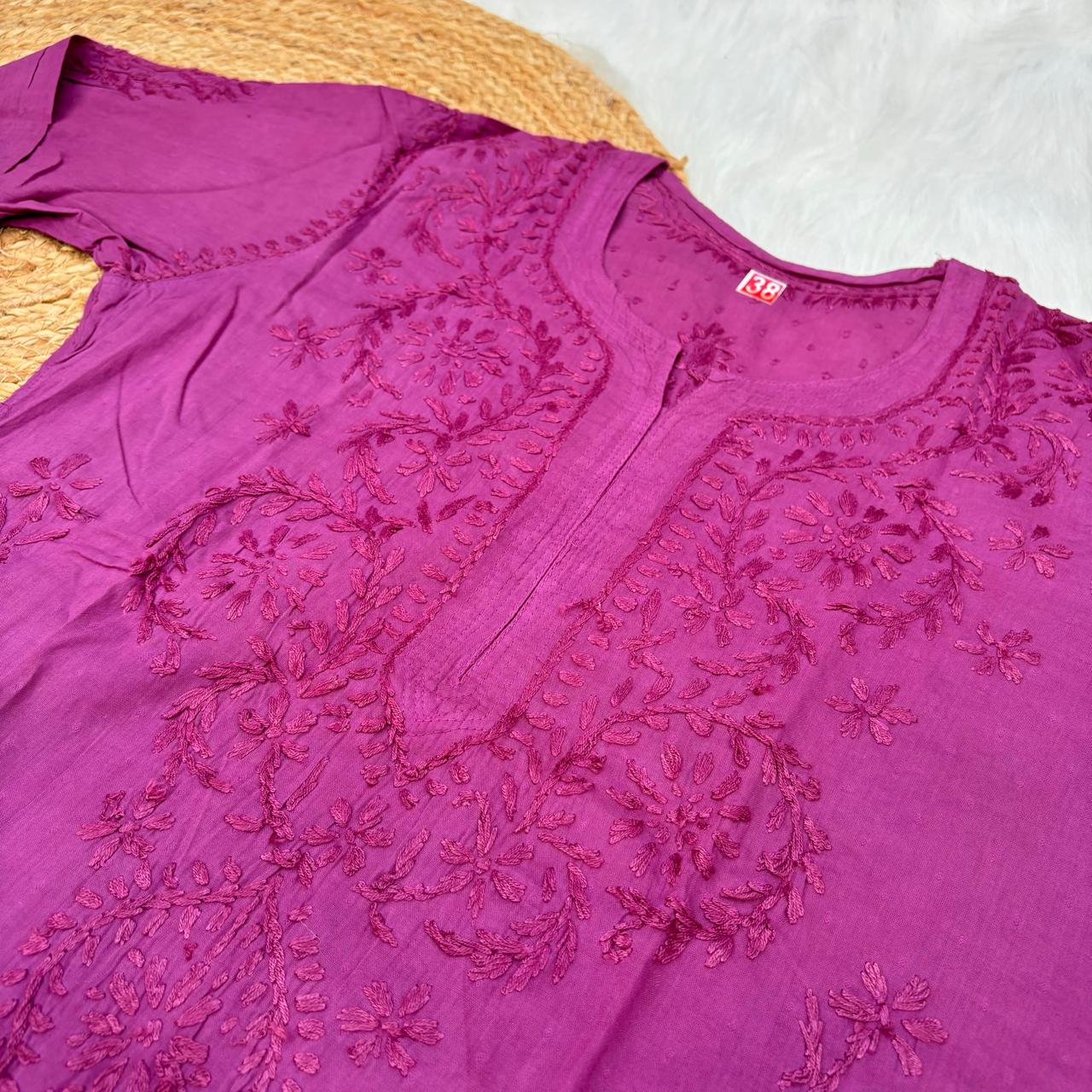 Tuba Ombre Shaded Dobby Cotton Chikankari Kurti - Wine Colour