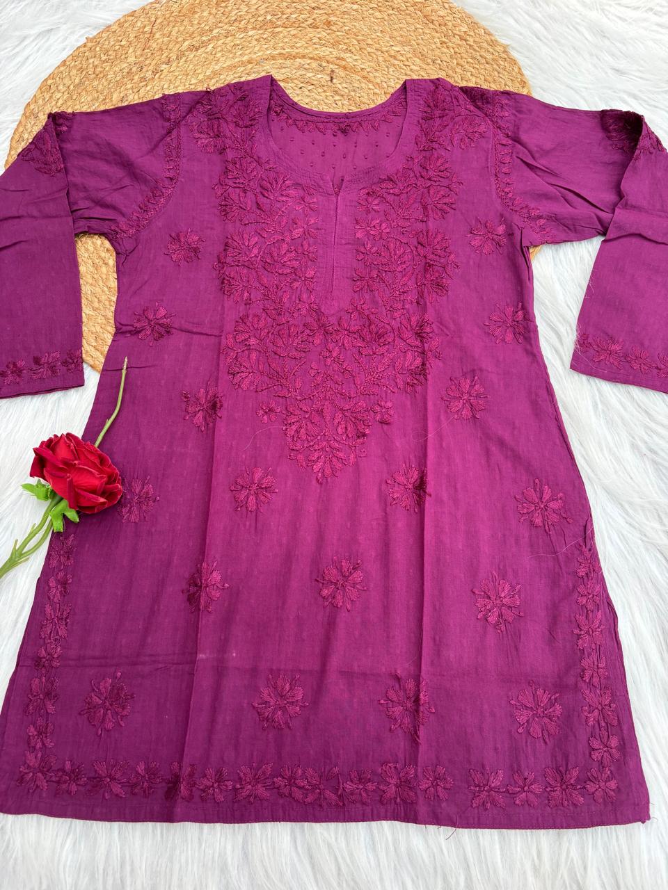 Ziva Soft Dobby Cotton Lucknowi Handwork Chikankari Short Kurti - Wine Colour