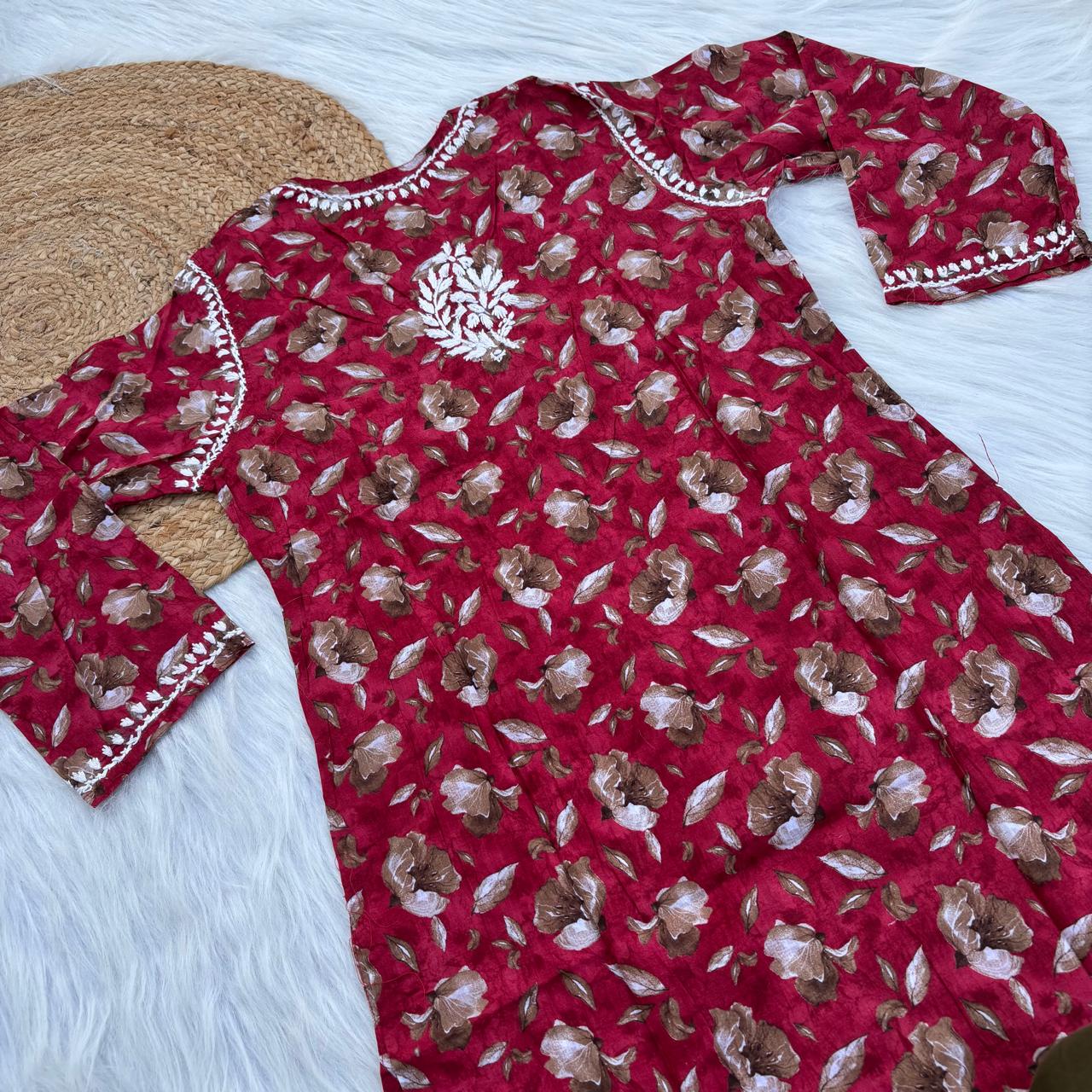Sana Pure Mulmul Chikankari  Handwork Kurti - Red Colour