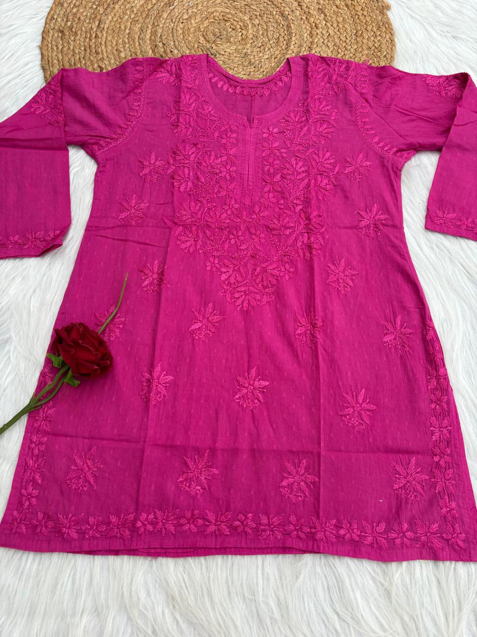 Ziva Soft Dobby Cotton Lucknowi Handwork Chikankari Short Kurti - Rani Colour