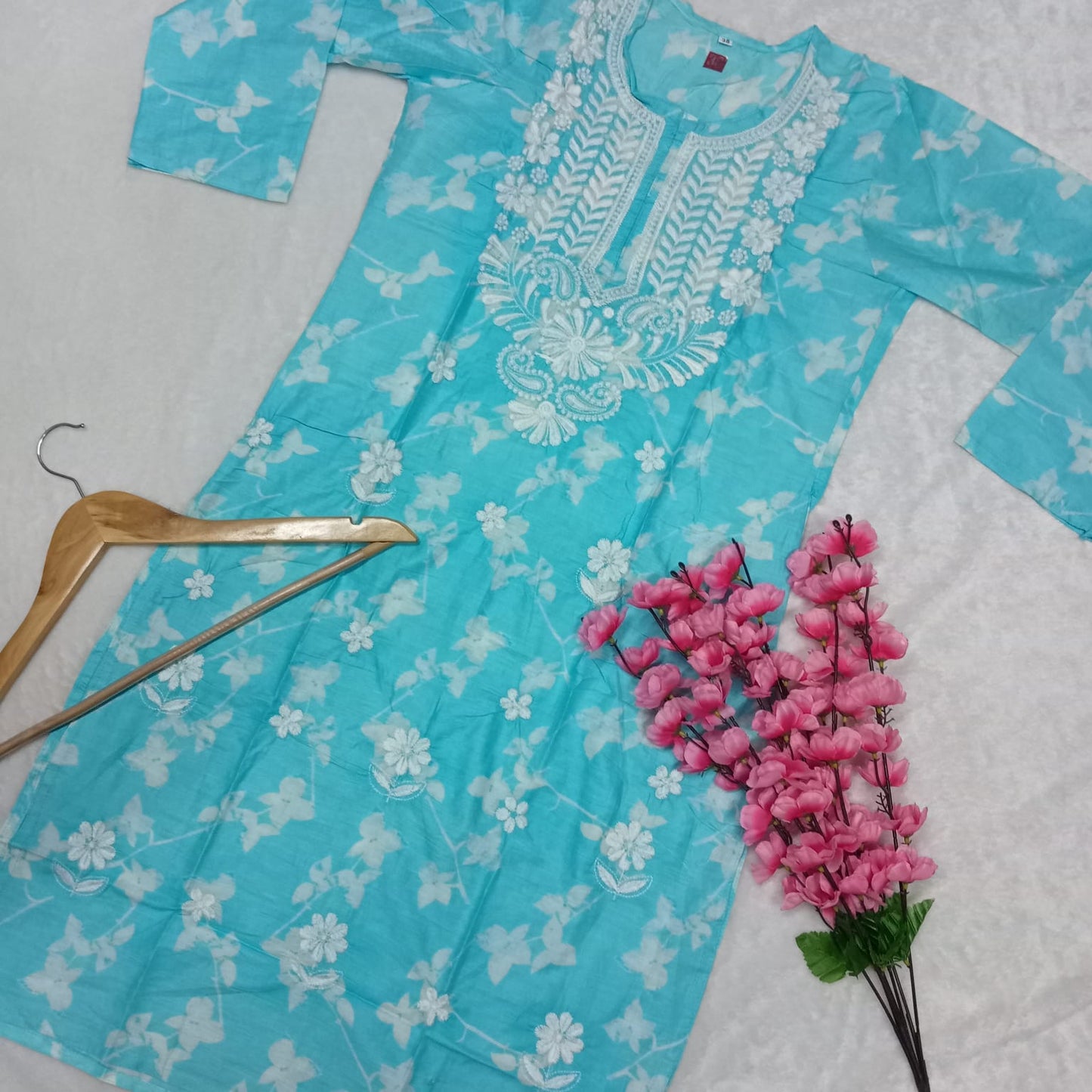 Mulmul Cotton Chikankari Machine Work Kurti - Sky Colour