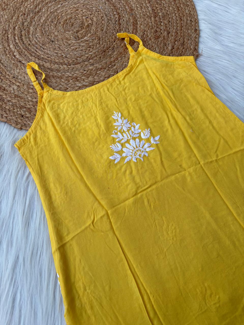 Ayla Rayon Handwork Chikankari Noodle Strap Short Kurti - Yellow colour