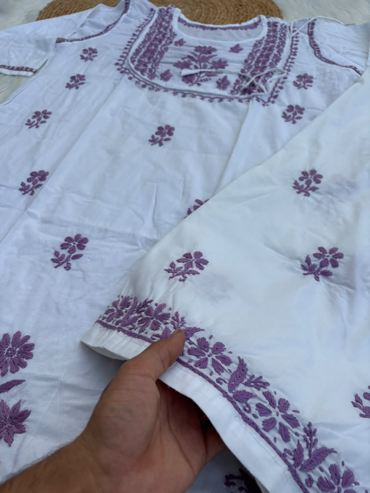 Heer Plus Size Cotton Handwork Chikankari Kurti Set - White Purple