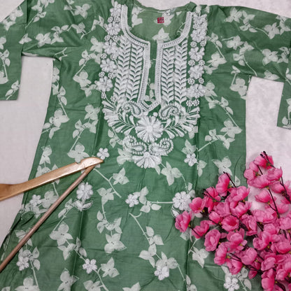 Mulmul Cotton Chikankari Machine Work Kurti - Dark Green Colour